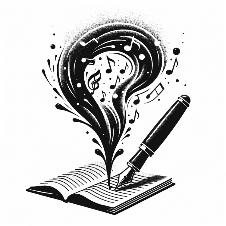 Stipple illustration of a pen and notebook with musical notes coming out